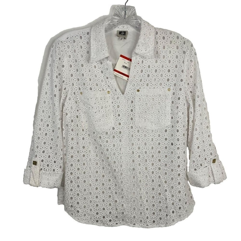 Anne Klein NWT White Eyelet Lace Roll Tab Long Sleeve Cotton Blouse Size XS - Picture 1 of 11